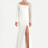 Yırtmaçlı Asimetrik Yaka Kolu Boncuk Detaylı Abiye Elbise - 26044C - BEYAZ