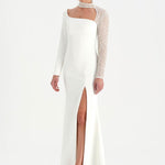 Yırtmaçlı Asimetrik Yaka Kolu Boncuk Detaylı Abiye Elbise - 26044C - BEYAZ