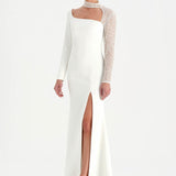 Yırtmaçlı Asimetrik Yaka Kolu Boncuk Detaylı Abiye Elbise - 26044C - BEYAZ