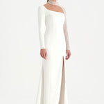 Yırtmaçlı Asimetrik Yaka Kolu Boncuk Detaylı Abiye Elbise - 26044C - BEYAZ