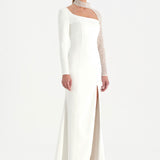 Yırtmaçlı Asimetrik Yaka Kolu Boncuk Detaylı Abiye Elbise - 26044C - BEYAZ