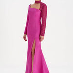 Yırtmaçlı Asimetrik Yaka Kolu Boncuk Detaylı Abiye Elbise - 26044C - FUŞYA