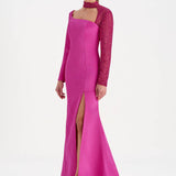 Yırtmaçlı Asimetrik Yaka Kolu Boncuk Detaylı Abiye Elbise - 26044C - FUŞYA