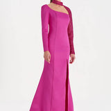 Yırtmaçlı Asimetrik Yaka Kolu Boncuk Detaylı Abiye Elbise - 26044C - FUŞYA