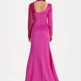 Yırtmaçlı Asimetrik Yaka Kolu Boncuk Detaylı Abiye Elbise - 26044C - FUŞYA