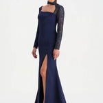 Yırtmaçlı Asimetrik Yaka Kolu Boncuk Detaylı Abiye Elbise - 26044C - LACİVERT