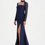 Yırtmaçlı Asimetrik Yaka Kolu Boncuk Detaylı Abiye Elbise - 26044C - LACİVERT