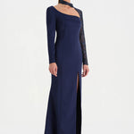 Yırtmaçlı Asimetrik Yaka Kolu Boncuk Detaylı Abiye Elbise - 26044C - LACİVERT