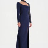 Yırtmaçlı Asimetrik Yaka Kolu Boncuk Detaylı Abiye Elbise - 26044C - LACİVERT