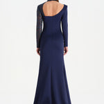 Yırtmaçlı Asimetrik Yaka Kolu Boncuk Detaylı Abiye Elbise - 26044C - LACİVERT