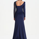 Yırtmaçlı Asimetrik Yaka Kolu Boncuk Detaylı Abiye Elbise - 26044C - LACİVERT