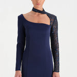 Yırtmaçlı Asimetrik Yaka Kolu Boncuk Detaylı Abiye Elbise - 26044C - LACİVERT