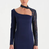 Yırtmaçlı Asimetrik Yaka Kolu Boncuk Detaylı Abiye Elbise - 26044C - LACİVERT