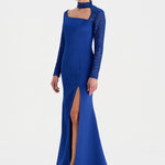 Yırtmaçlı Asimetrik Yaka Kolu Boncuk Detaylı Abiye Elbise - 26044C - SAKS