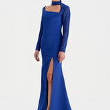 Yırtmaçlı Asimetrik Yaka Kolu Boncuk Detaylı Abiye Elbise - 26044C - SAKS