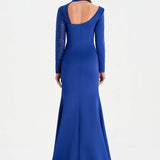 Yırtmaçlı Asimetrik Yaka Kolu Boncuk Detaylı Abiye Elbise - 26044C - SAKS