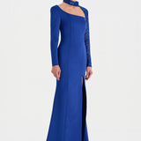 Yırtmaçlı Asimetrik Yaka Kolu Boncuk Detaylı Abiye Elbise - 26044C - SAKS