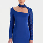 Yırtmaçlı Asimetrik Yaka Kolu Boncuk Detaylı Abiye Elbise - 26044C - SAKS