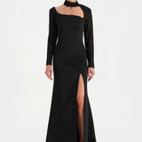 Yırtmaçlı Asimetrik Yaka Kolu Boncuk Detaylı Abiye Elbise - 26044C - SİYAH