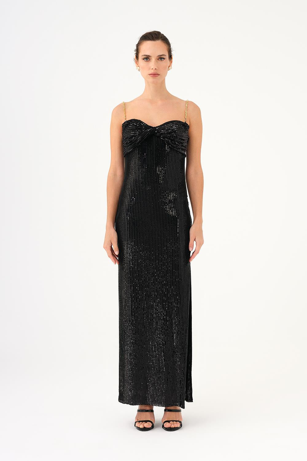 Long Evening Dress with Chain Straps Strapless Collar Slits - 9042C