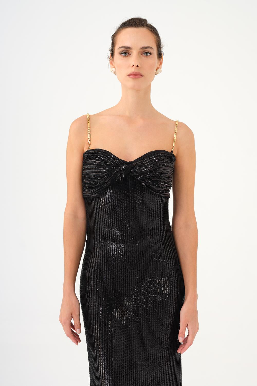 Long Evening Dress with Chain Straps Strapless Collar Slits - 9042C