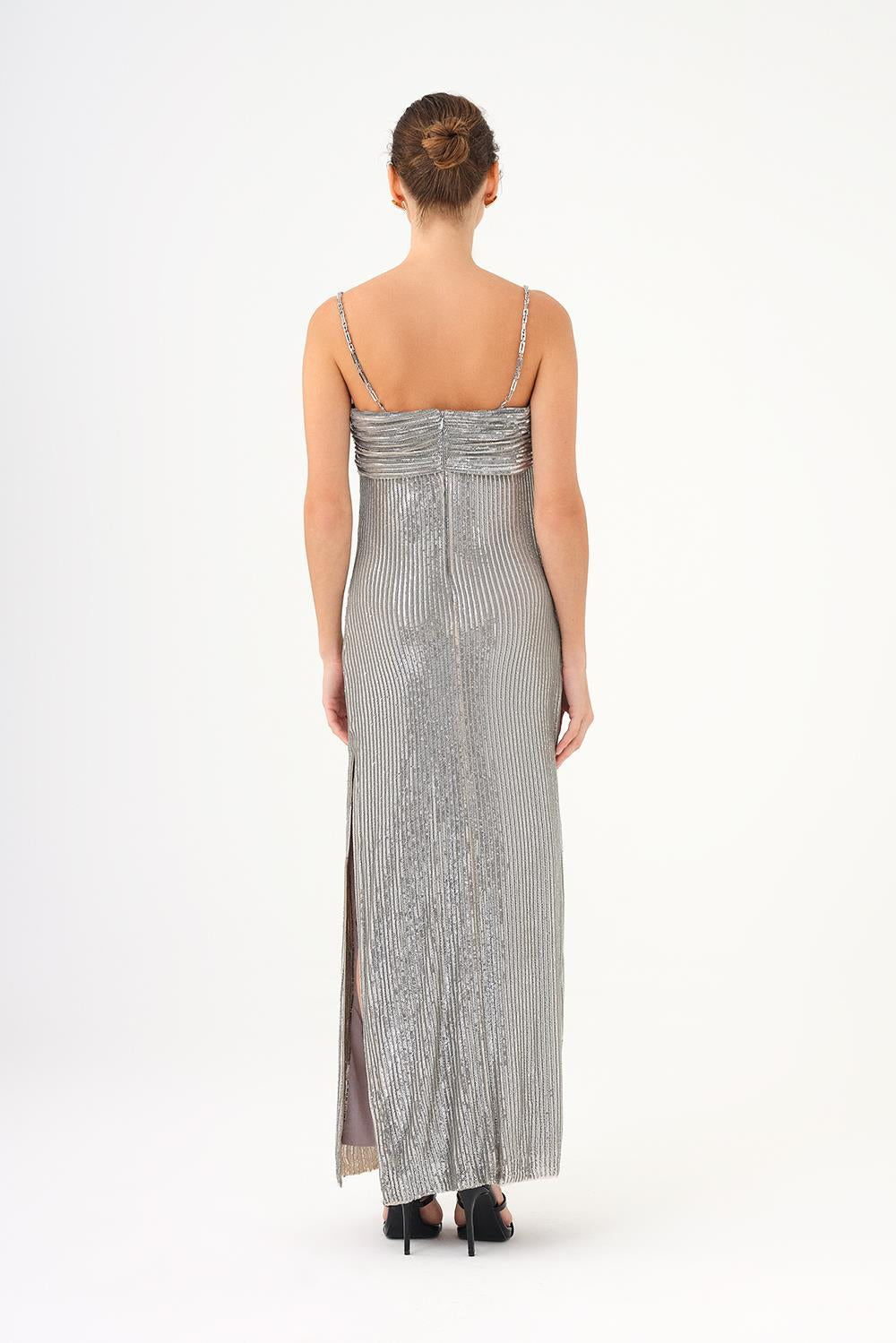 Long Evening Dress with Chain Straps Strapless Collar Slits - 9042C