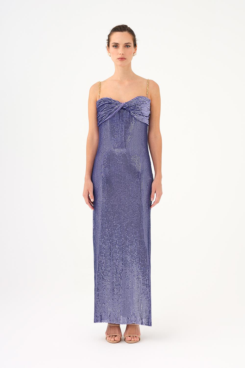 Long Evening Dress with Chain Straps Strapless Collar Slits - 9042C