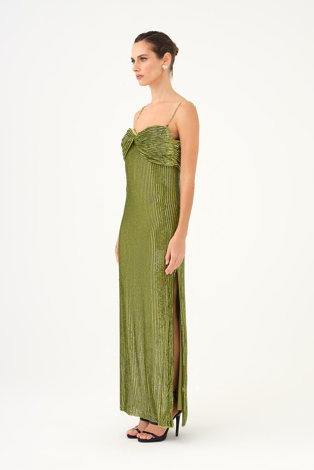 Long Evening Dress with Chain Straps Strapless Collar Slits - 9042C