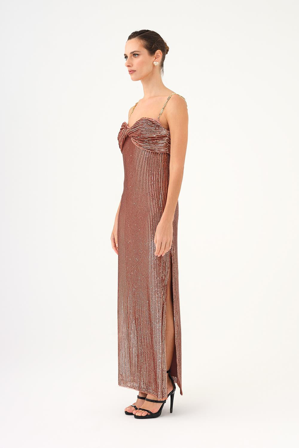 Long Evening Dress with Chain Straps Strapless Collar Slits - 9042C