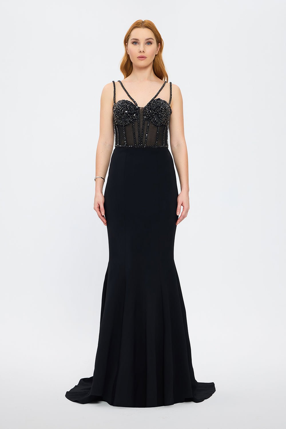 Crepe Evening Dress with Straps and Bustier Detail - 3026C