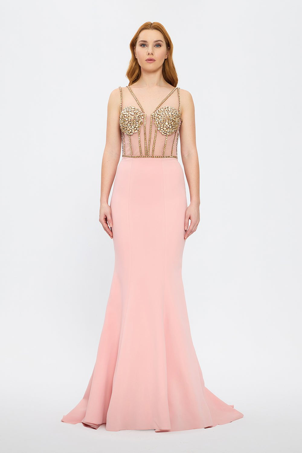 Crepe Evening Dress with Straps and Bustier Detail - 3026C