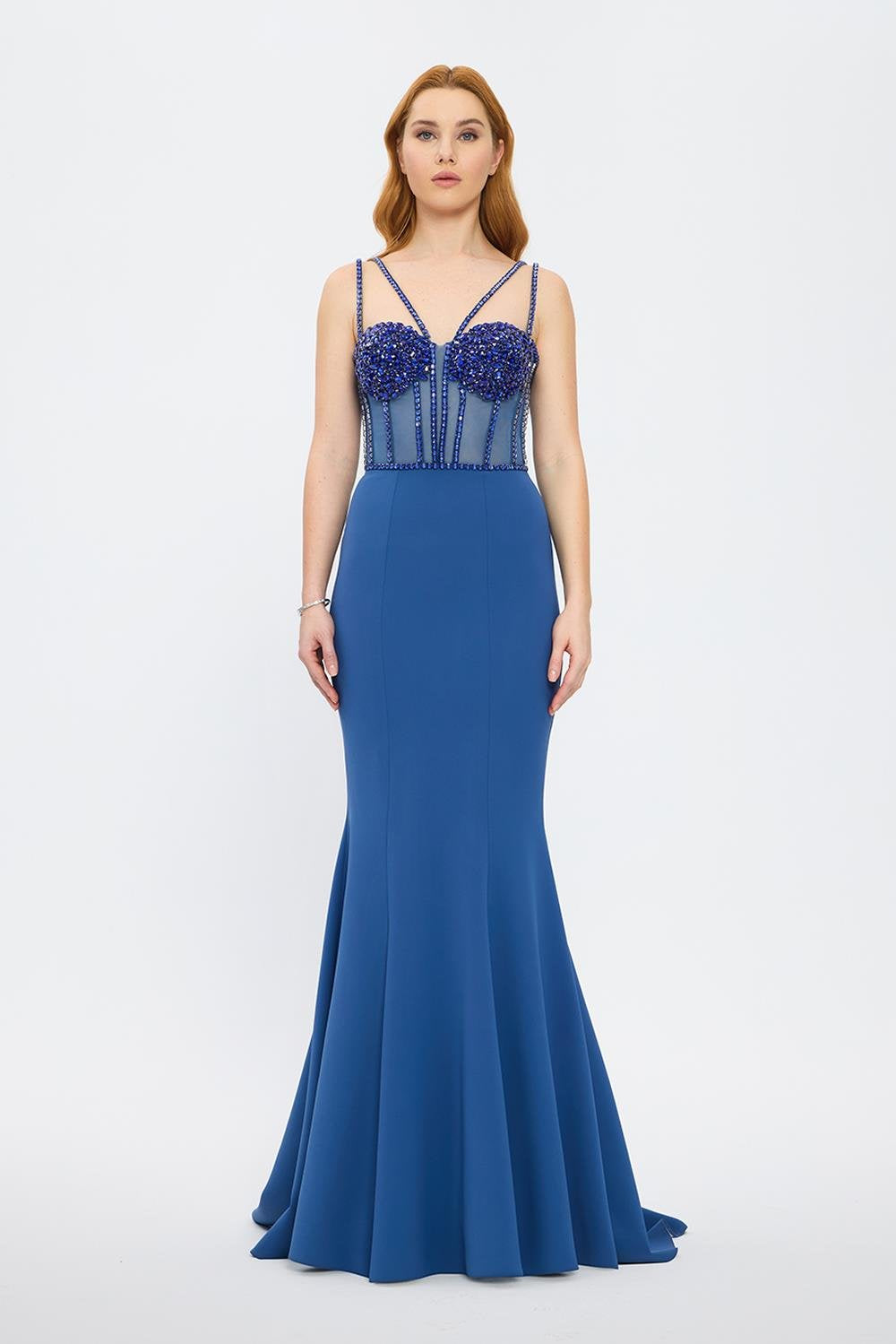 Crepe Evening Dress with Straps and Bustier Detail - 3026C