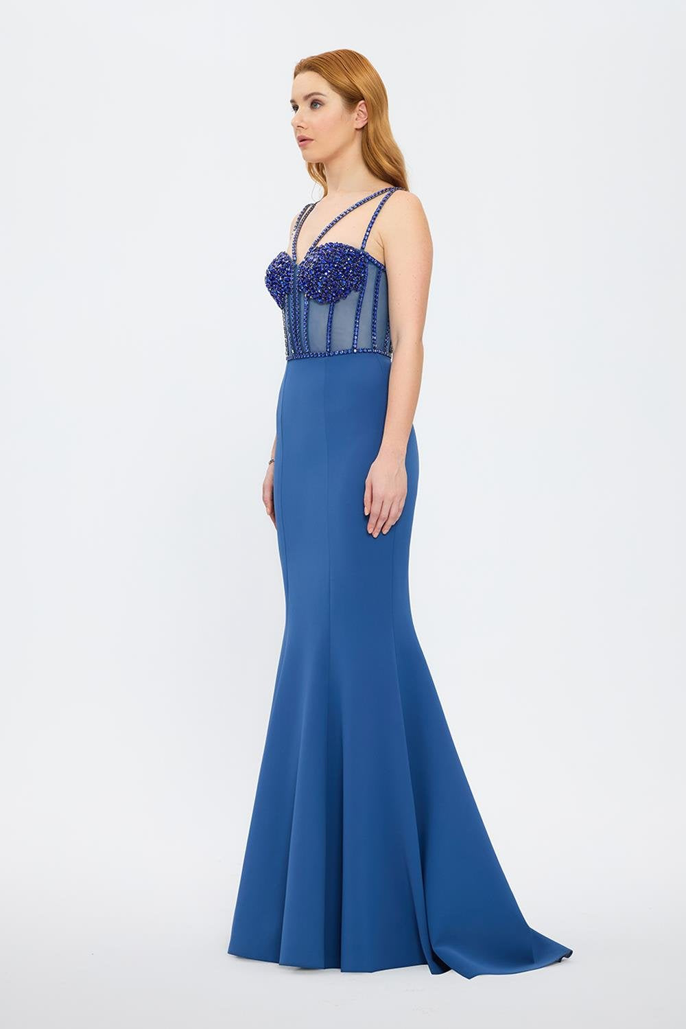 Crepe Evening Dress with Straps and Bustier Detail - 3026C
