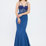 Crepe Evening Dress with Straps and Bustier Detail - 3026C