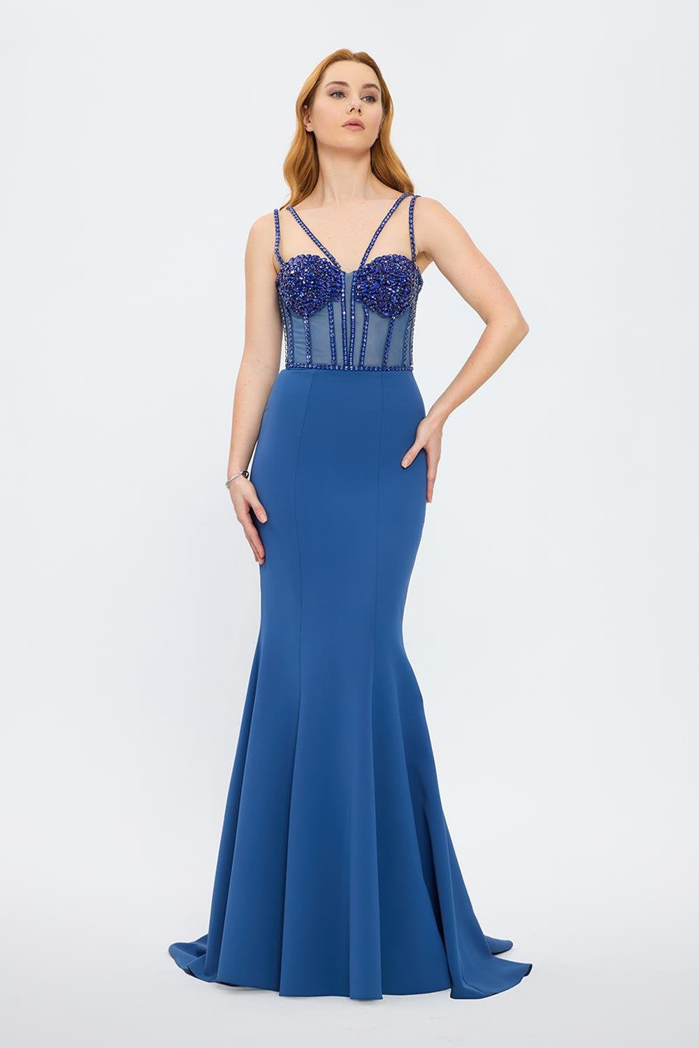 Crepe Evening Dress with Straps and Bustier Detail - 3026C