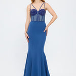 Crepe Evening Dress with Straps and Bustier Detail - 3026C