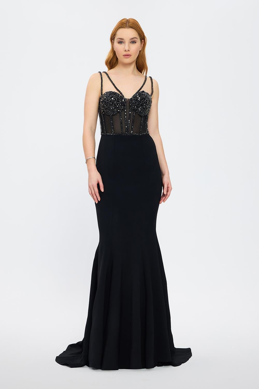 Crepe Evening Dress with Straps and Bustier Detail - 3026C