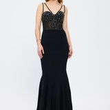 Crepe Evening Dress with Straps and Bustier Detail - 3026C