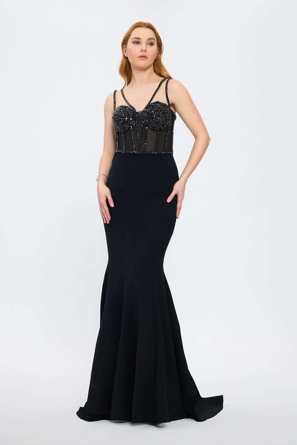 Crepe Evening Dress with Straps and Bustier Detail - 3026C