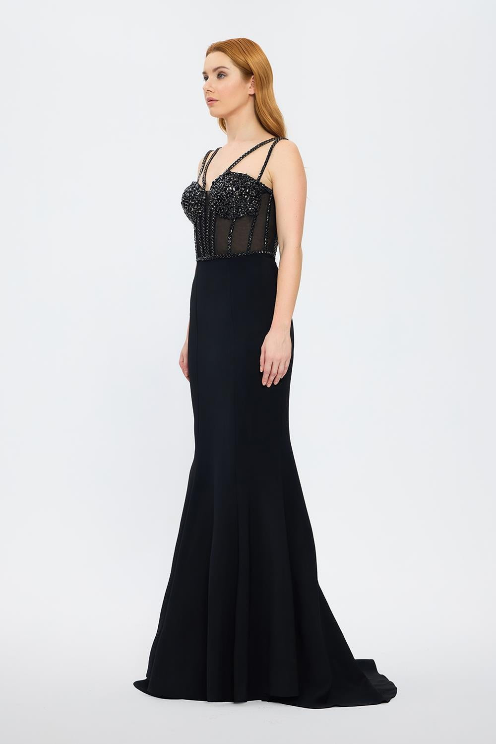 Crepe Evening Dress with Straps and Bustier Detail - 3026C