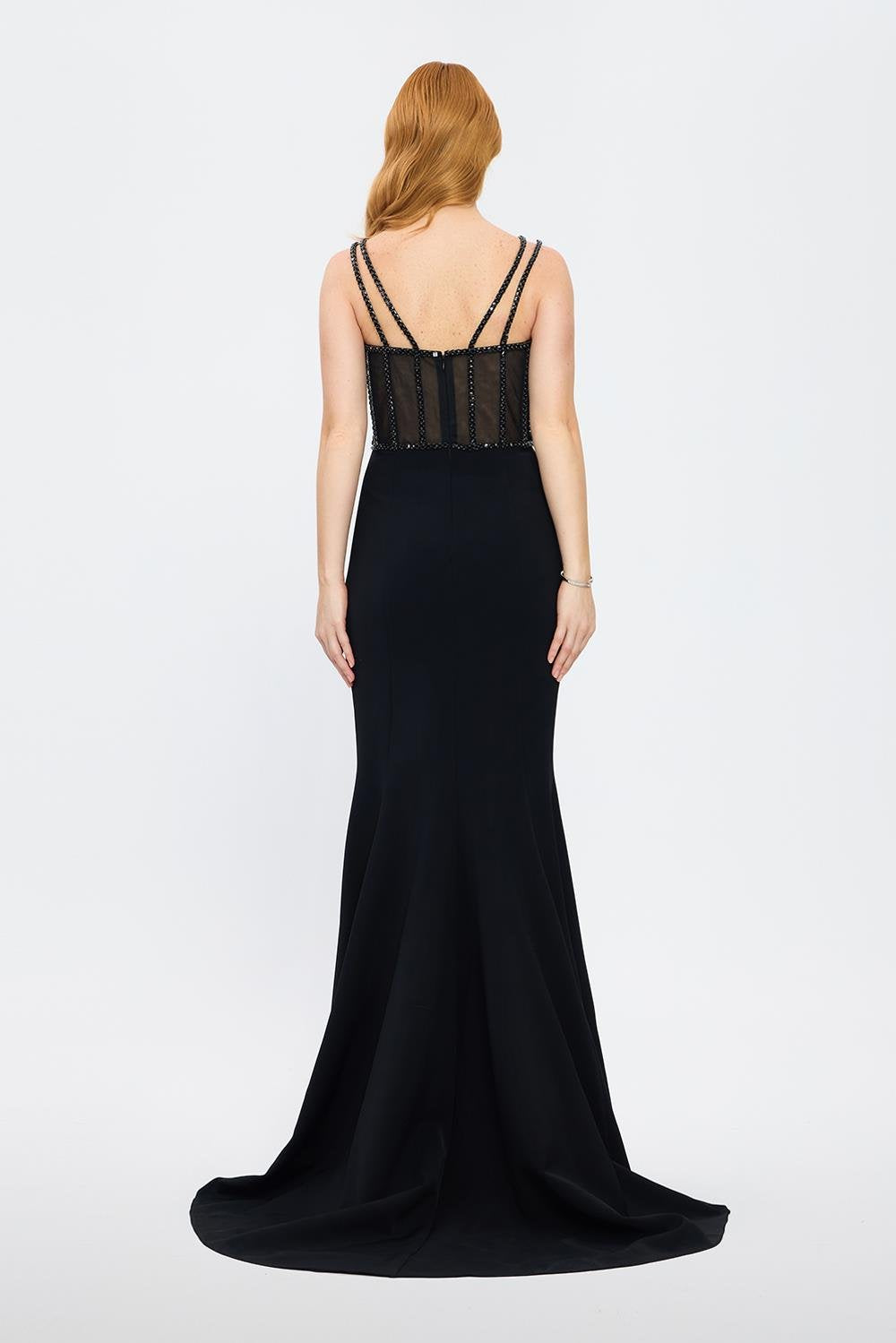 Crepe Evening Dress with Straps and Bustier Detail - 3026C