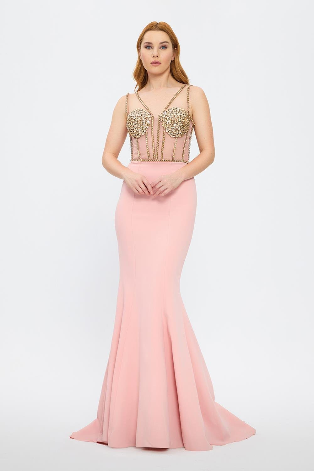 Crepe Evening Dress with Straps and Bustier Detail - 3026C