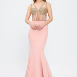 Crepe Evening Dress with Straps and Bustier Detail - 3026C