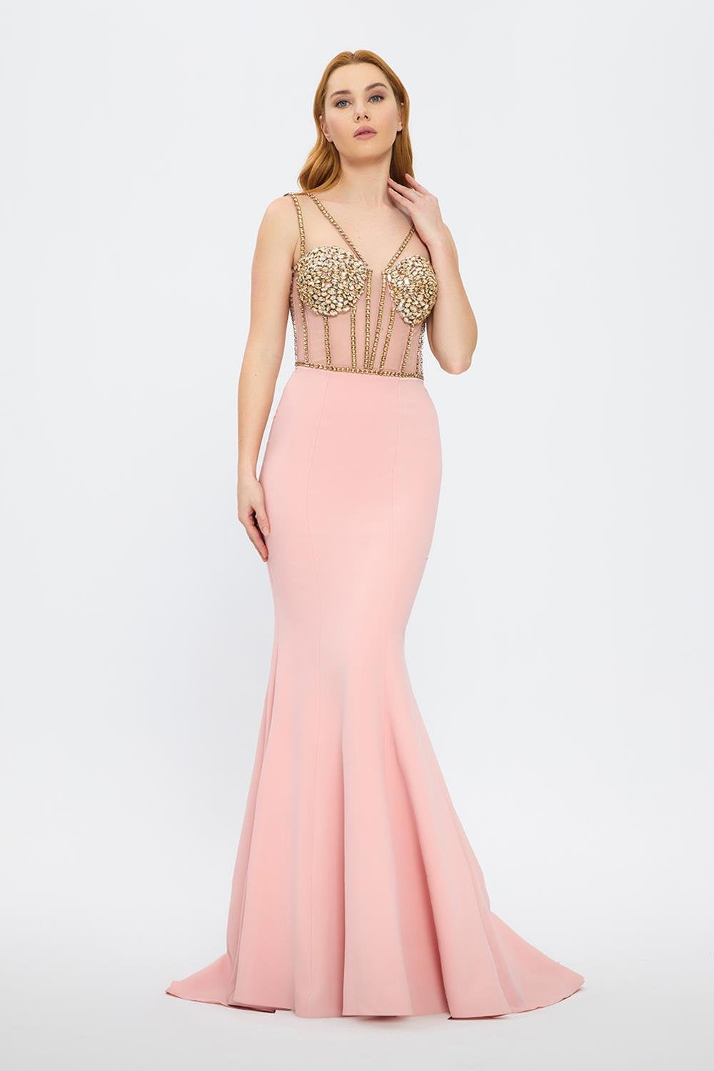 Crepe Evening Dress with Straps and Bustier Detail - 3026C