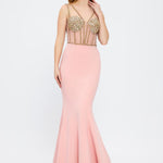 Crepe Evening Dress with Straps and Bustier Detail - 3026C