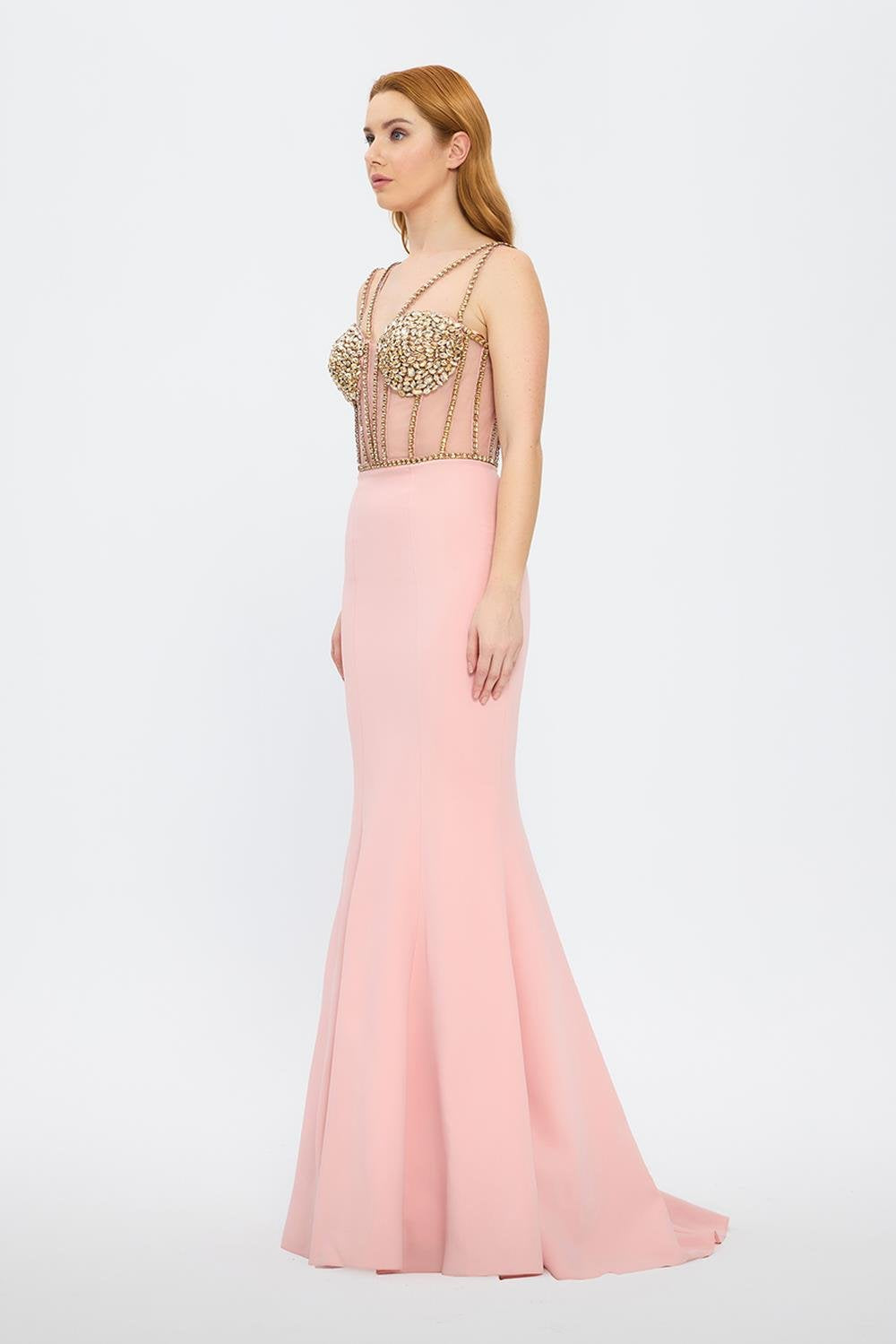 Crepe Evening Dress with Straps and Bustier Detail - 3026C