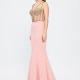 Crepe Evening Dress with Straps and Bustier Detail - 3026C
