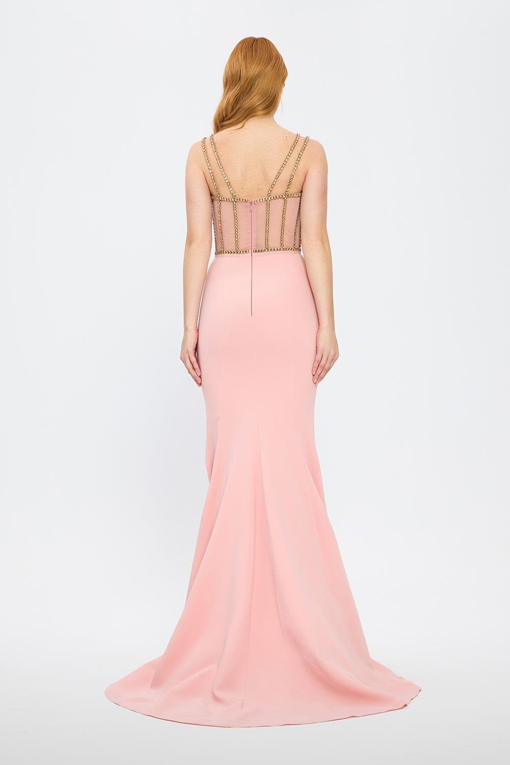 Crepe Evening Dress with Straps and Bustier Detail - 3026C