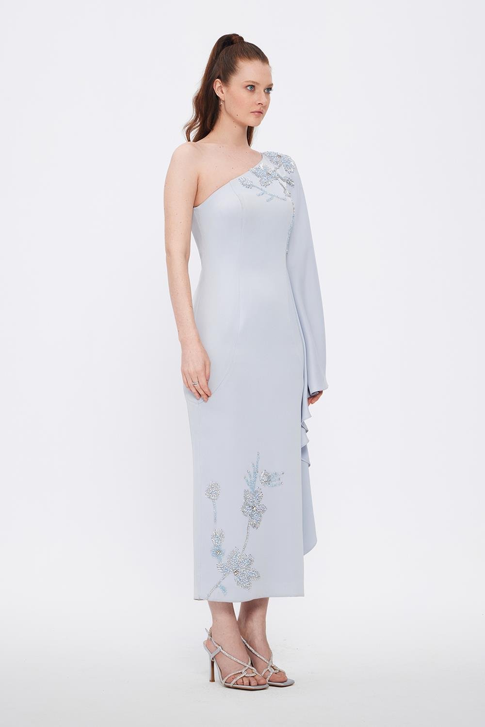 İşleme Detaylı Tek Omuz Abiye Elbise