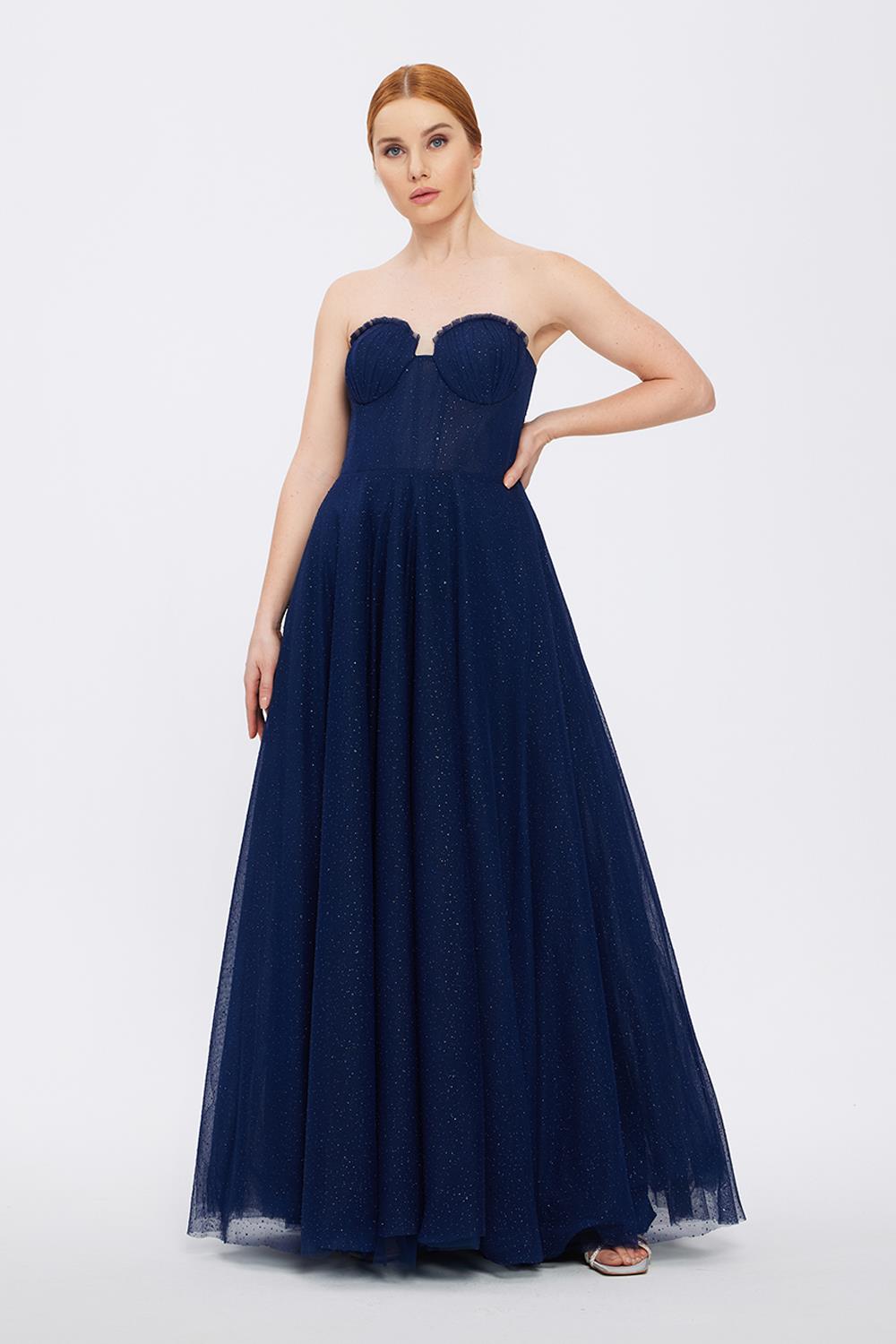 Simli Kumaşlı Prenses Kesim Uzun Abiye Elbise